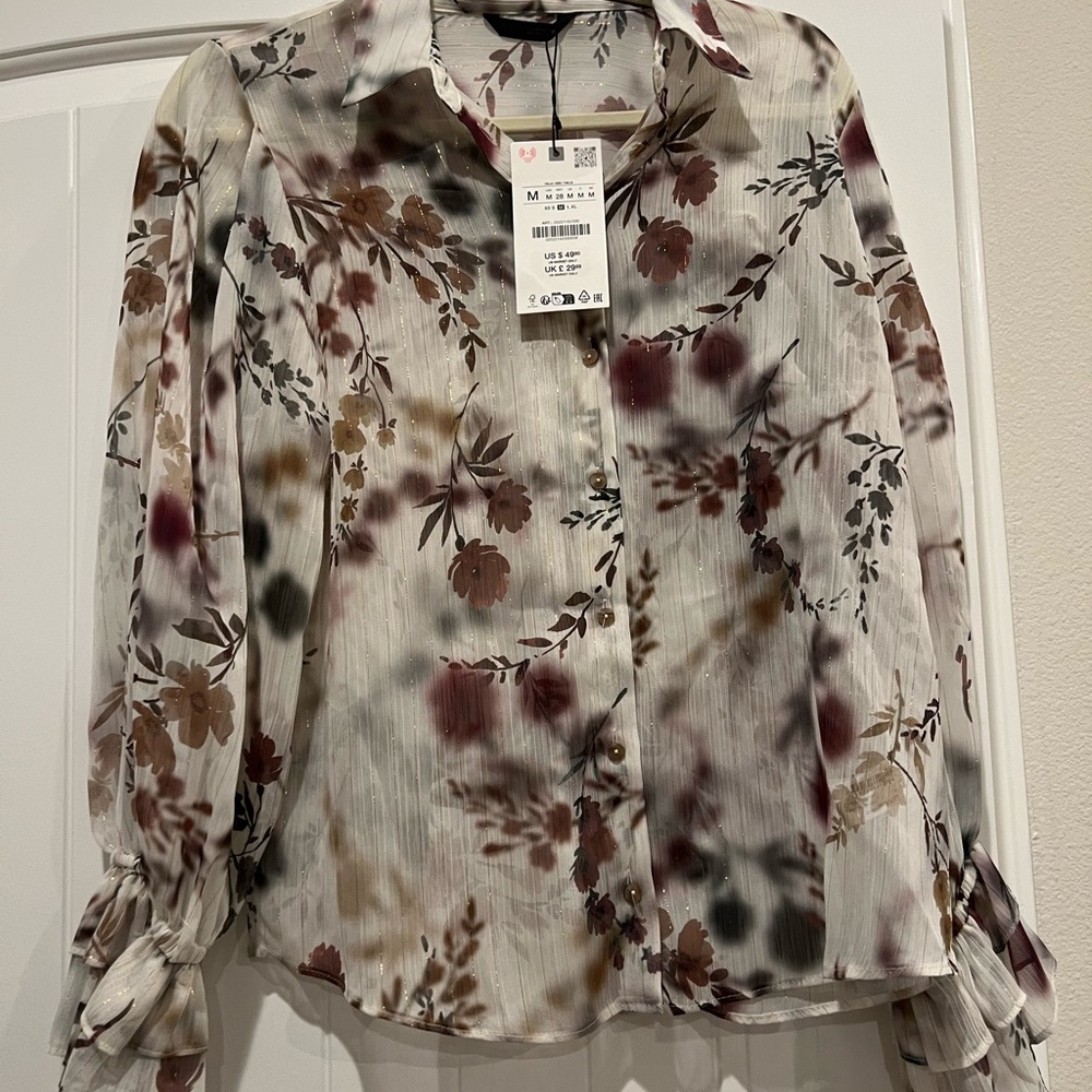 Zara White Cream Long Sleeve Notched Collar Blouse